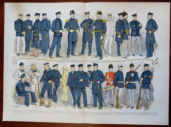 United States Navy Uniforms Marines Sailors Cadets 1898 Harpers rare color print