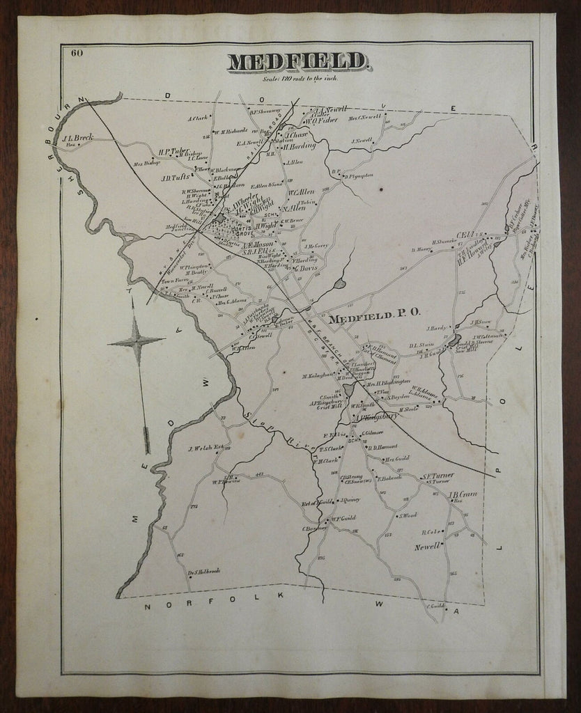 Medfield Township Massachusetts 1876 Norfolk Mass. detailed map