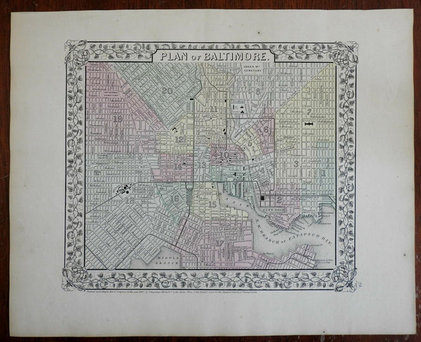 Baltimore Maryland detailed city plan Patapsco River c. 1867-9 Mitchell map