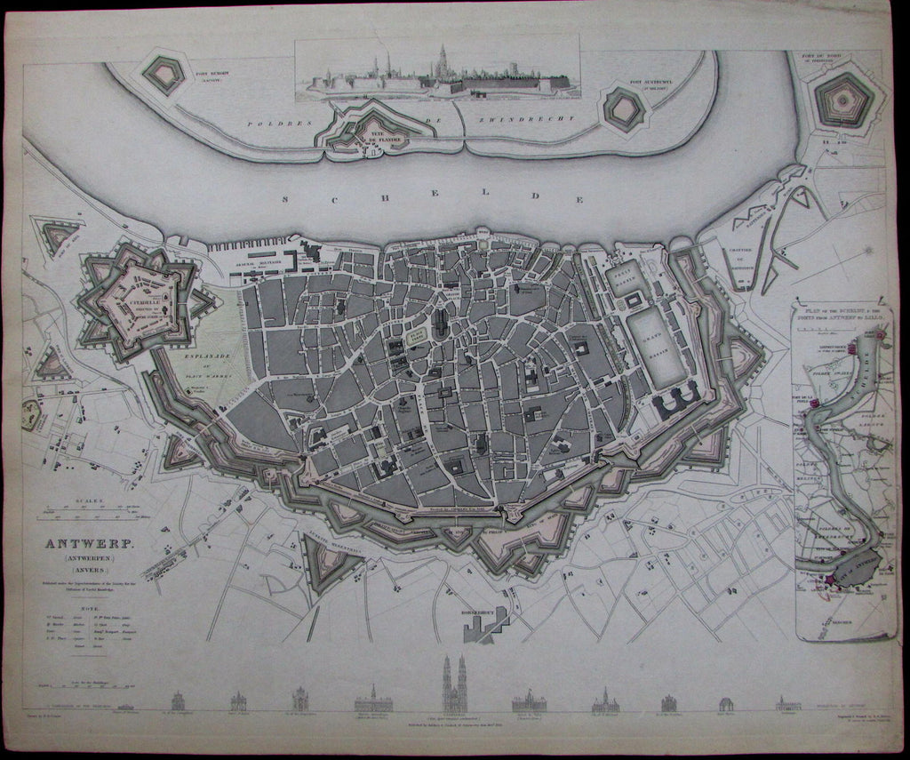 Antwerp Belgium Anvers citadel House of Reubens Exchange 1832 city plan SDUK map
