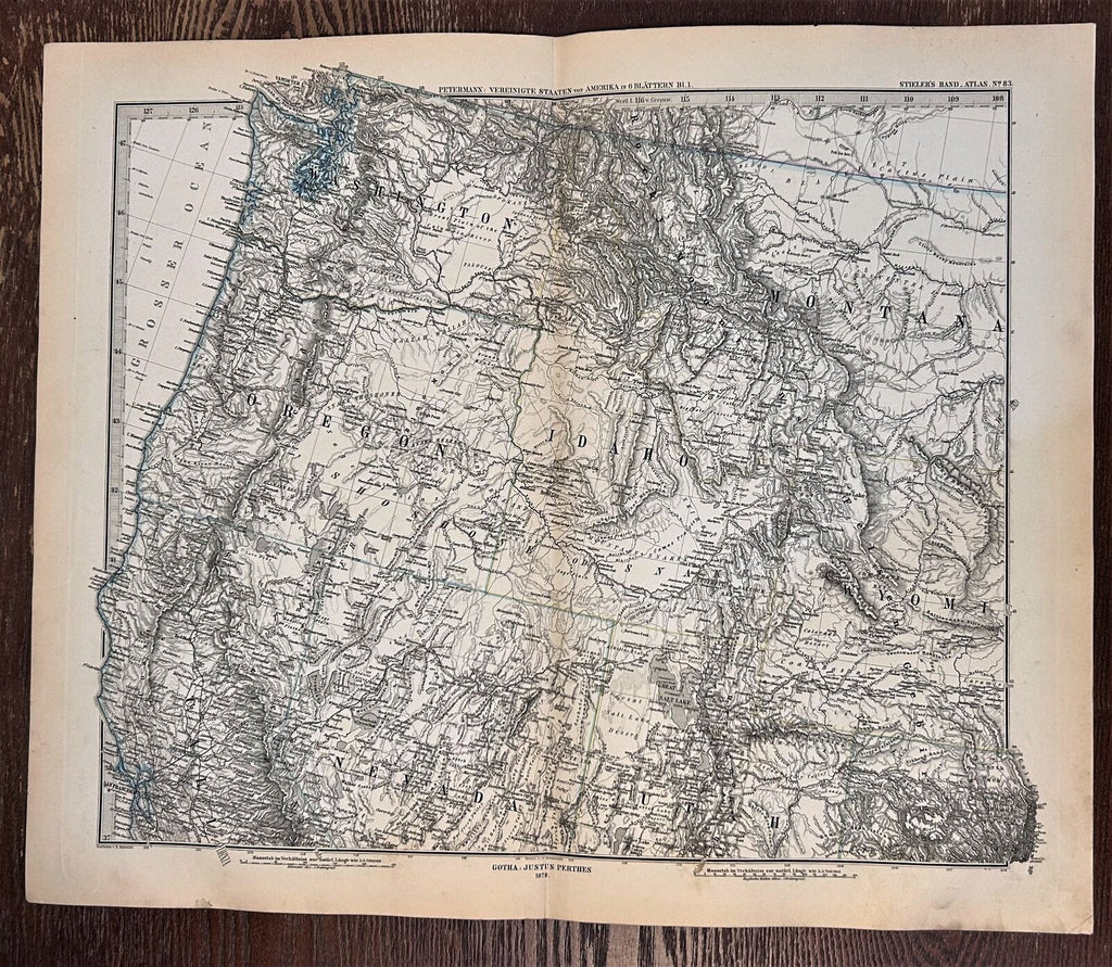 Pacific Northwest Washington Oregon Idaho Montana 1879 Petermann detailed map