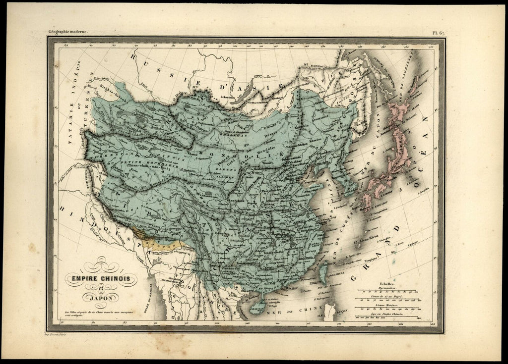 China Chinese Empire Bhutan separate Tibet Formosa Korea c.1870 French map
