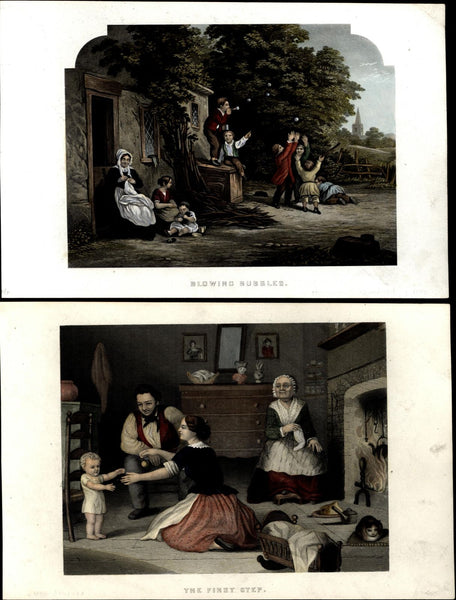 Blowing bubbles baby's first step parenthood children playing c.1850 prints (2)