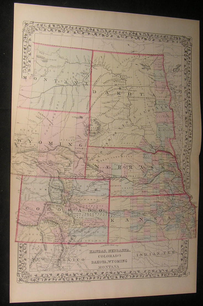 Kansas Nebraska Colorado Dakota Wyoming 1872 fine old large detailed color map