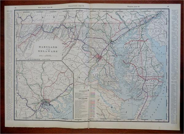 Maryland & Delaware Washington D.C. Baltimore c. 1880's-90 Cram large map