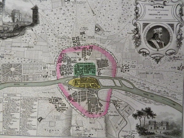 Historical Paris Phillip Augustus France 1850 Artus decorative city plan map