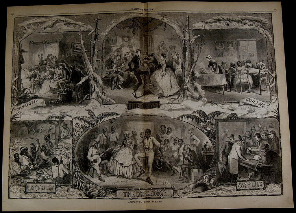 Home Scenes Dancing Quilting Husking Corn nice 1861 great old print for display