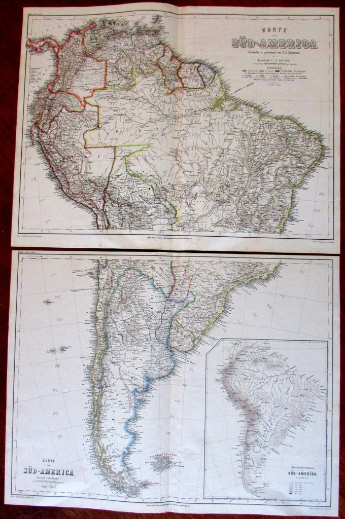 South America 1866 Ravenstein pair 2 old engraved maps large detailed Colonial