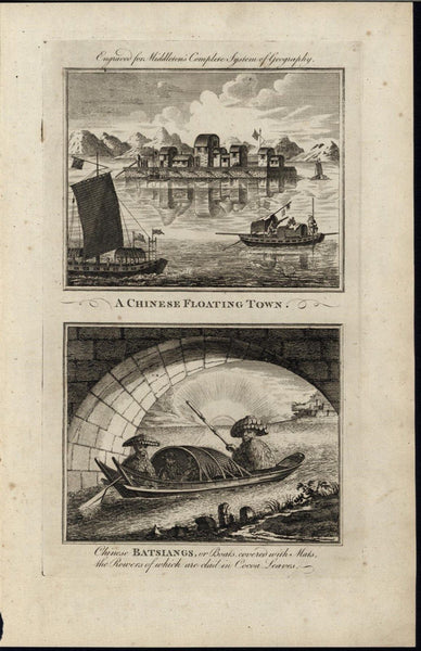 Chinese Floating Town Boat Rowers Clad Cocoa Leaves 1777 antique engraved print