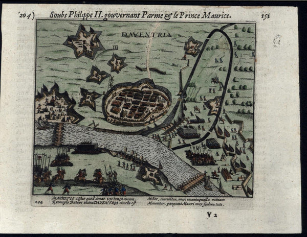Siege Deventer Netherlands Dutch Revolt 1616 old Colijn hand color city plan map