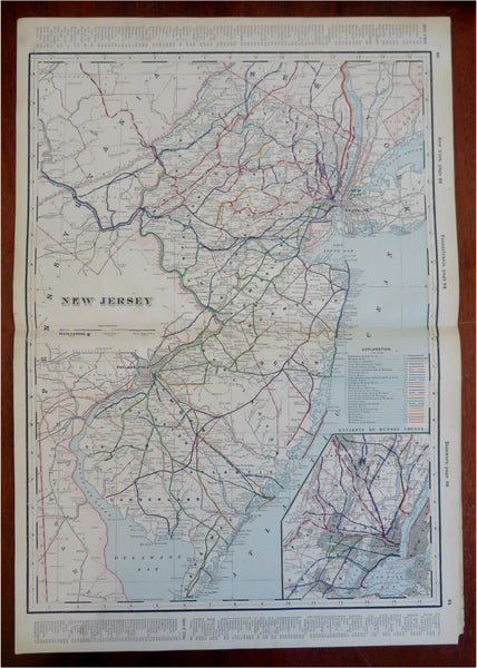 New Jersey Trenton Camden Egg Harbor Newark c. 1880's-90 Cram large map