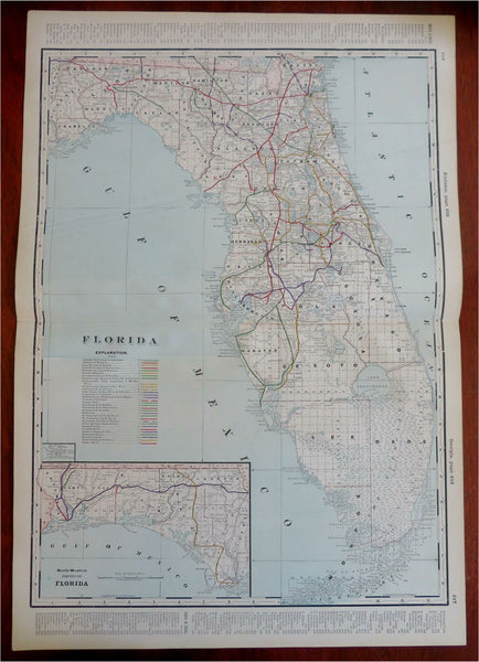 Florida Miami Tallahassee Tampa Orlando Jacksonville c. 1880's-90 Cram large map