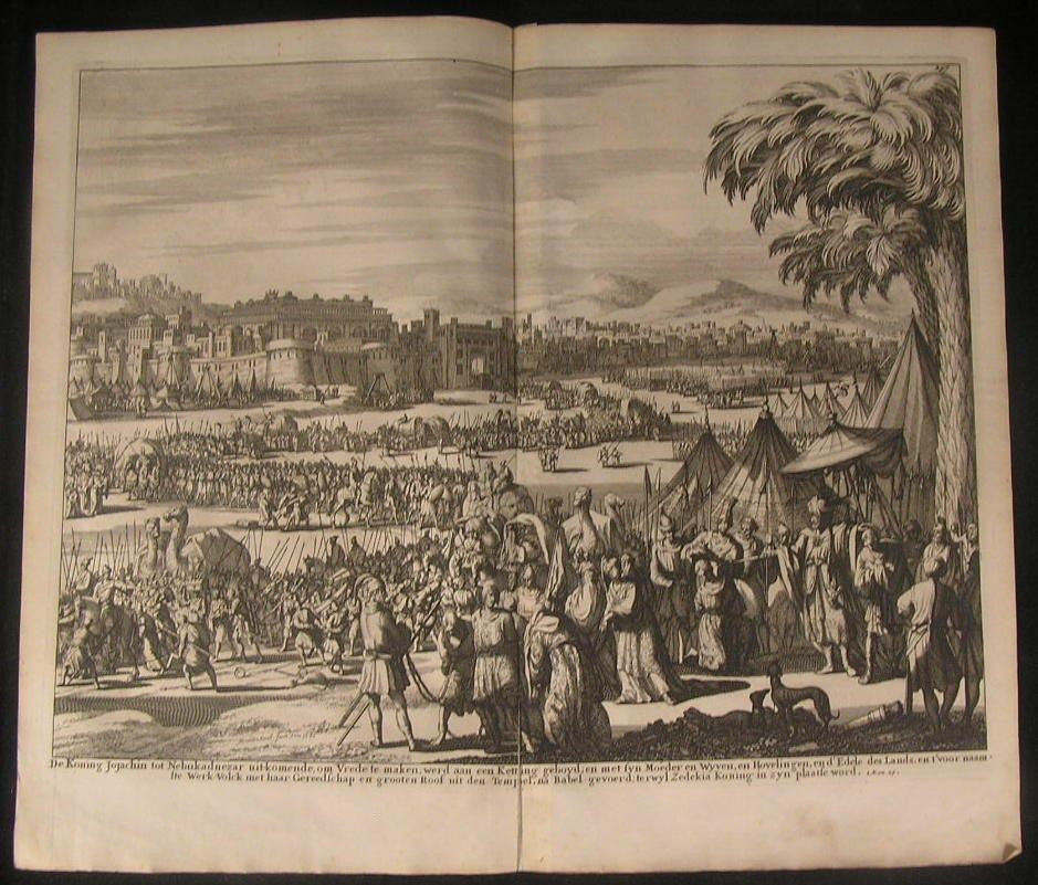 Nebuchadnezzar Attacking Jerusalem Suing for Peace 1700 antique engraved print