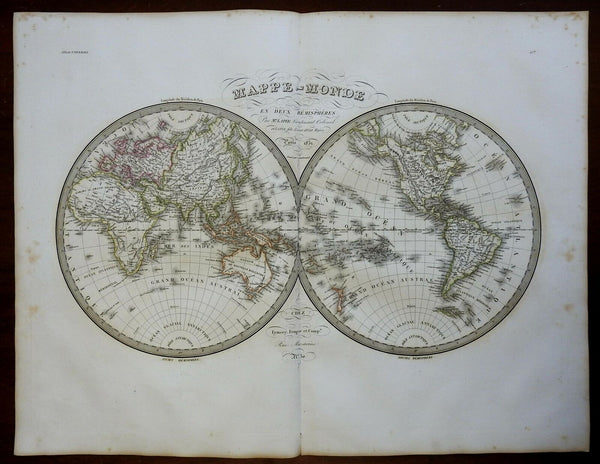 World Map in Two Hemispheres 1830 Lapie large folio map