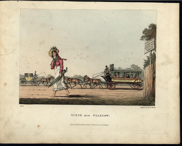 Scene near Glasgow Beautiful Pedestrian 1825 vintage color aquatint old print