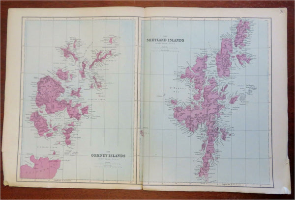 Orkney & Shetland Islands Scotland U.K. 1881 Edward Weller detailed map