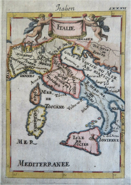 Italy Italia 1719 Mallet decorative map w/ cherub cartouche fine hand color