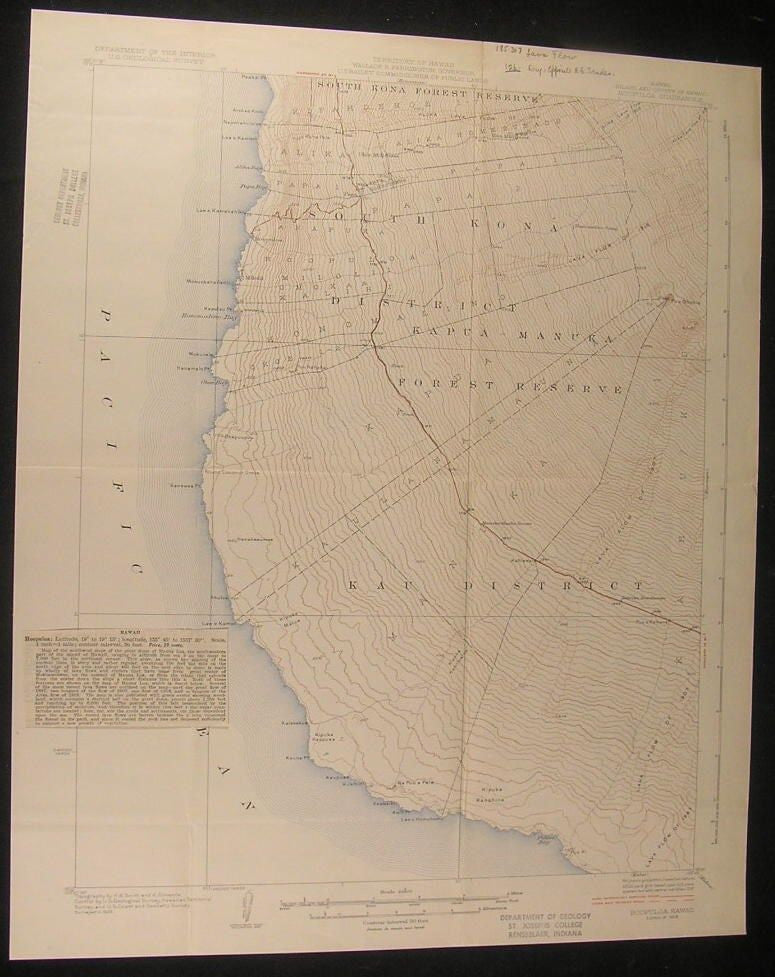 Hoopuloa Hawaii Lava Flows Kauna Point 1928 antique color lithograph map