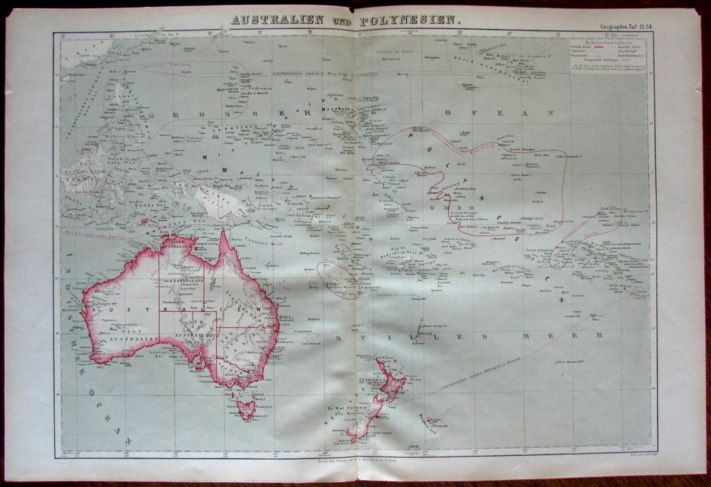 Australia Tasmania Polynesia c.1870 Brockhaus scarce German map Tooley #246