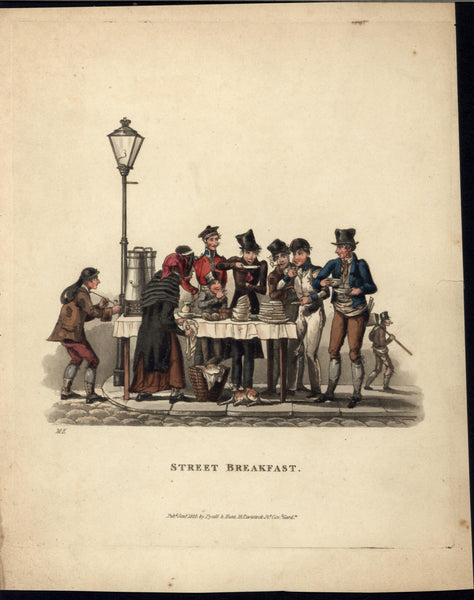 Street Breakfast Ragged Clothing Smoking 1825 vintage color aquatint old print