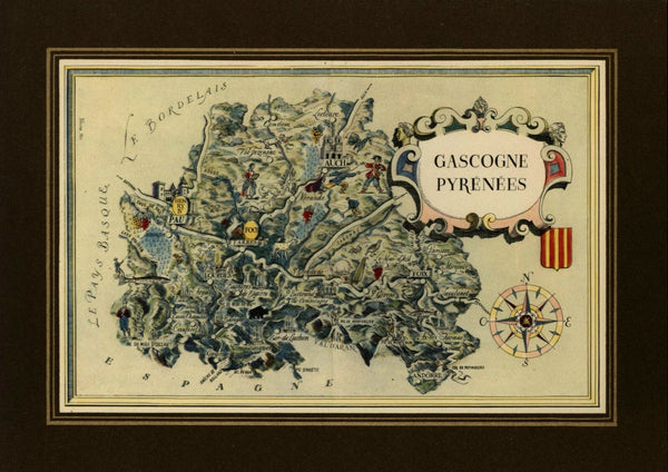 Gascony France small cartoon map c. 1950 decorative colorful old map