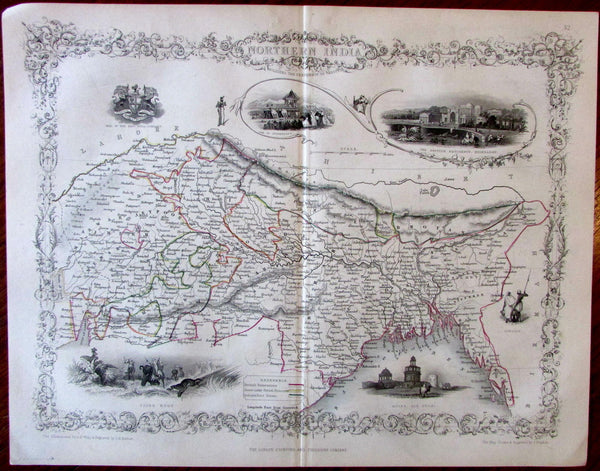 Northern India c. 1850 Tallis Rapkin decorative old engraved map w/ vignettes