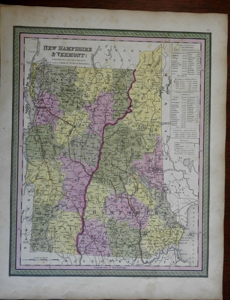 New Hampshire Vermont County Maps White Mountains Portsmouth 1846-9 Mitchell map