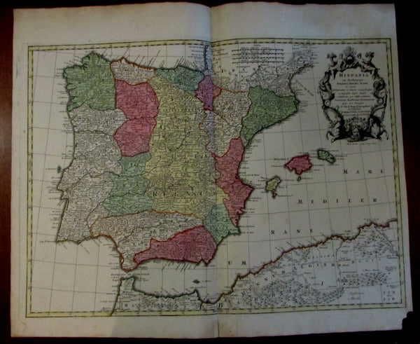 Spain Hispania Espana Iberia 1740 Lotter Seutter large decorative map hand color