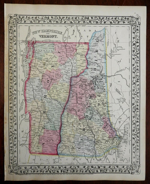 New Hampshire & Vermont White Mountains Lake Champlain 1867 Mitchell map