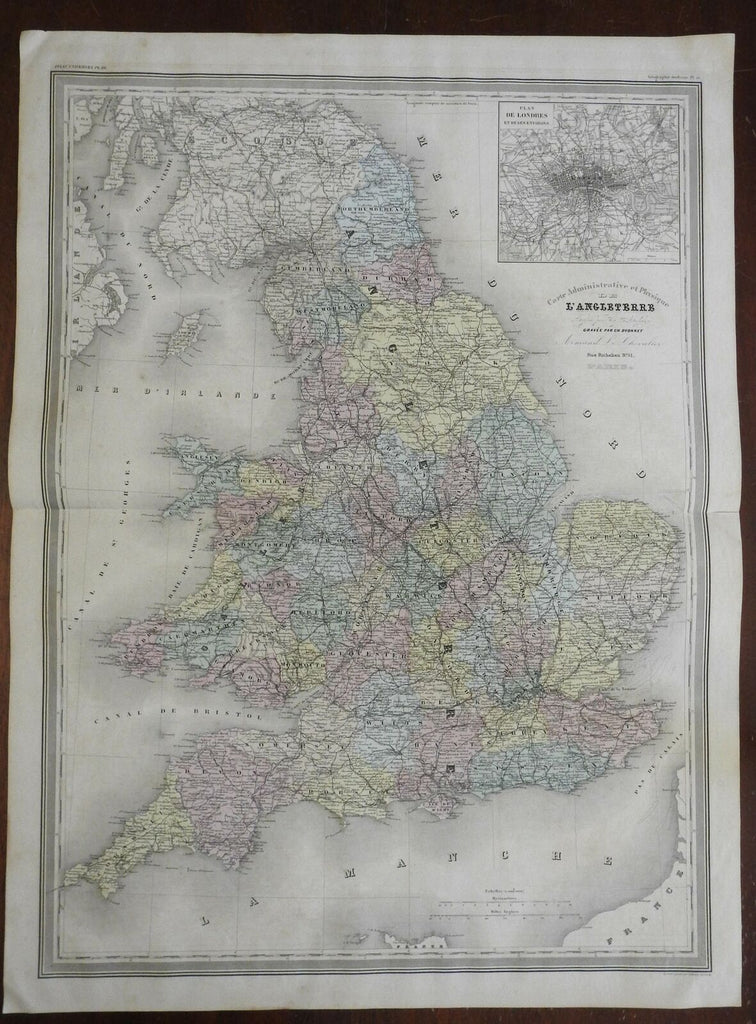 England County & Physical Map Wales London c. 1863 Dufour & Dyonnet folio map