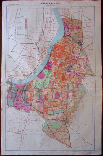 Calcutta plan Hugli River Slums located c.1982 huge National Atlas of India map