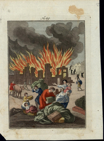 Family Fleeing 1793 Burning City rare Vienaa copper engraved Fire color print