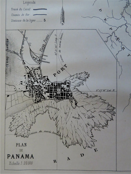 Panama Canal Isthmus Route Panama City Colon plan 1882 French detailed map route