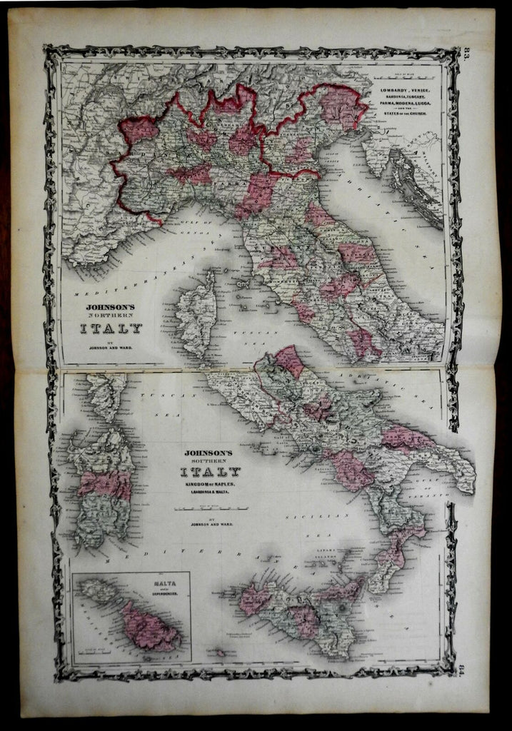 Northern & Southern Italy Naples Papal States 1862 Johnson Ward map Scarce Issue