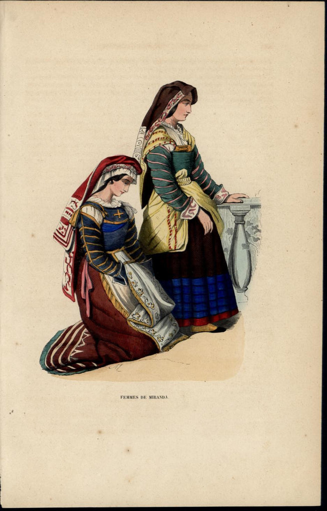 Women of Miranda Spain Praying 1844 fascinating old vintage ethnic color print
