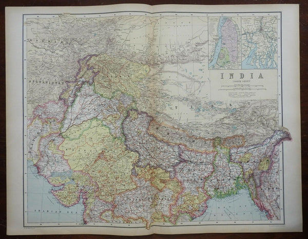 Northern India Punjab Bengal Tibet Kashmir 1914 Philip huge detailed scarce map