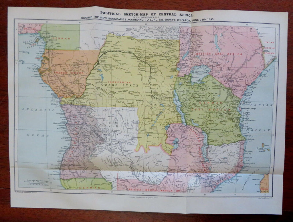 Central Africa Congo Angola German East Africa Lunda 1890 Bartholomew scarce map