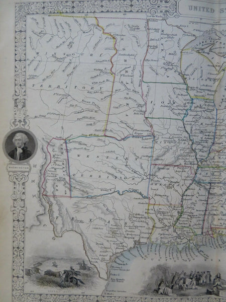 United States Buffalo Hunt Washington 1851 Tallis Rapkin decorative vignette map