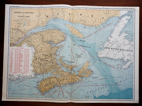 Lighthouses and Shipping Lanes Eastern Canada Quebec 1915 color lithographed map