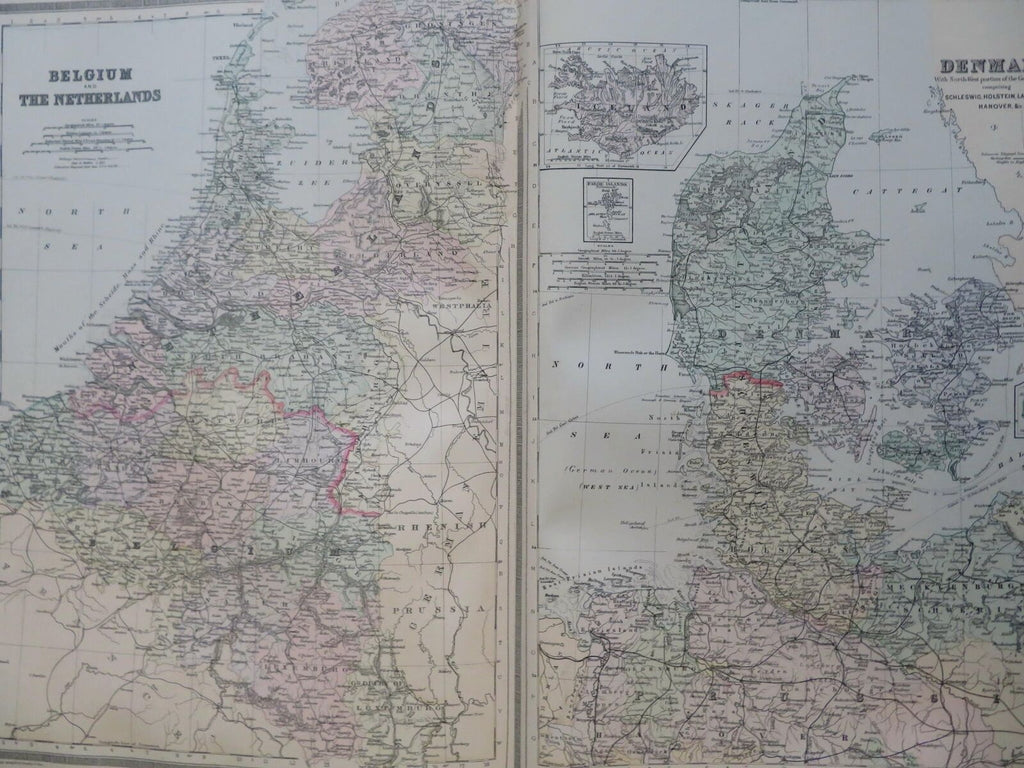 Belgium Netherlands Denmark Iceland 1889-93 Bradley folio hand color detail map