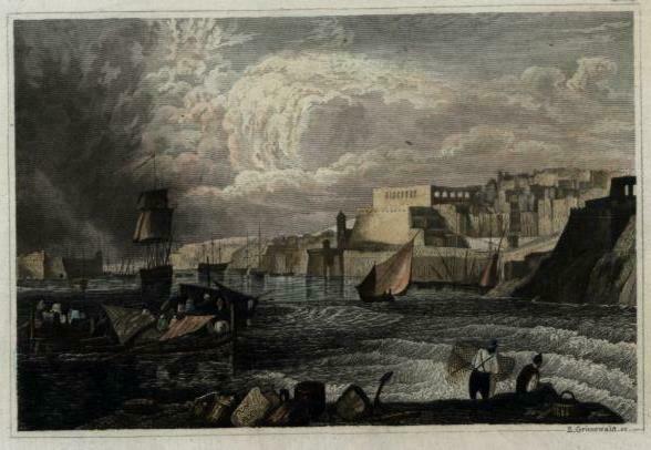 Malta La Valetta harbor view c.1850 Grunewald engraved print lovely hand color