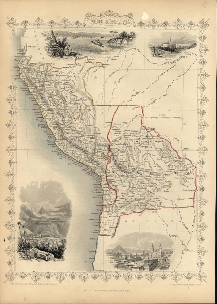 Peru Bolivia Potosi Mountain South America 1851 antique decorative Tallis map