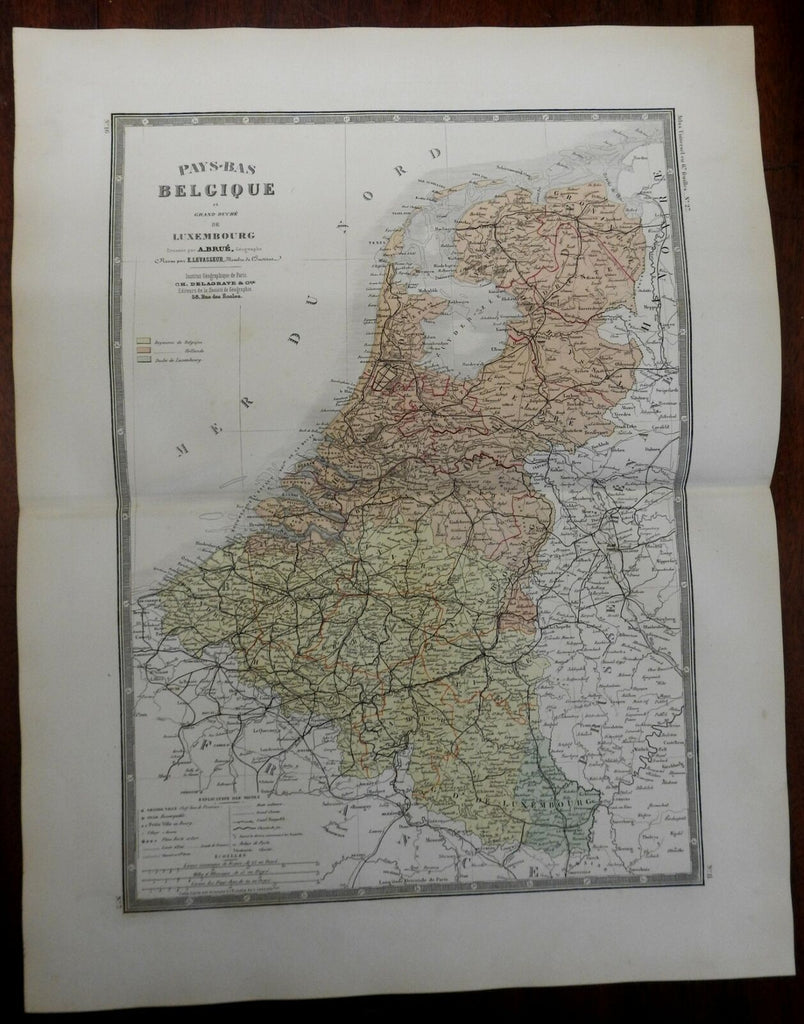 Low Countries Holland Belgium c. 1850's Brue large detailed map hand color