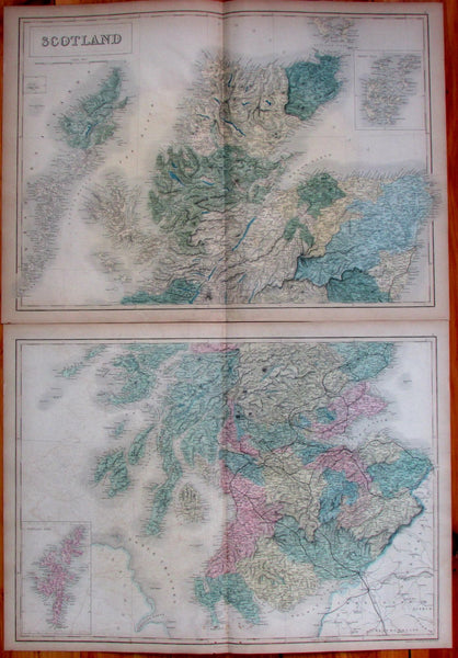 Scotland Shetland Orkney Islands Glasgow Edinburgh Lochs 1853 Hall map 2 SHEETS