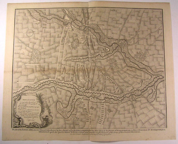 Troop Lines Brabant British Allies 1705 Belgium c.1745 antique Basire map
