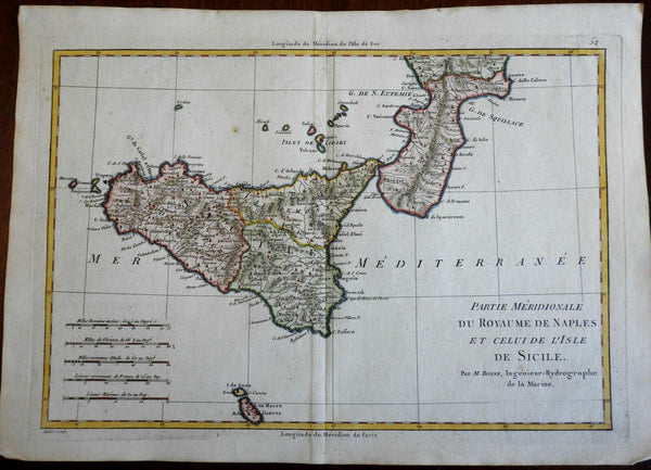 Kingdom of Naples Sicily Syracuse Massena Marsala Reggio Italy 1780 Bonne map