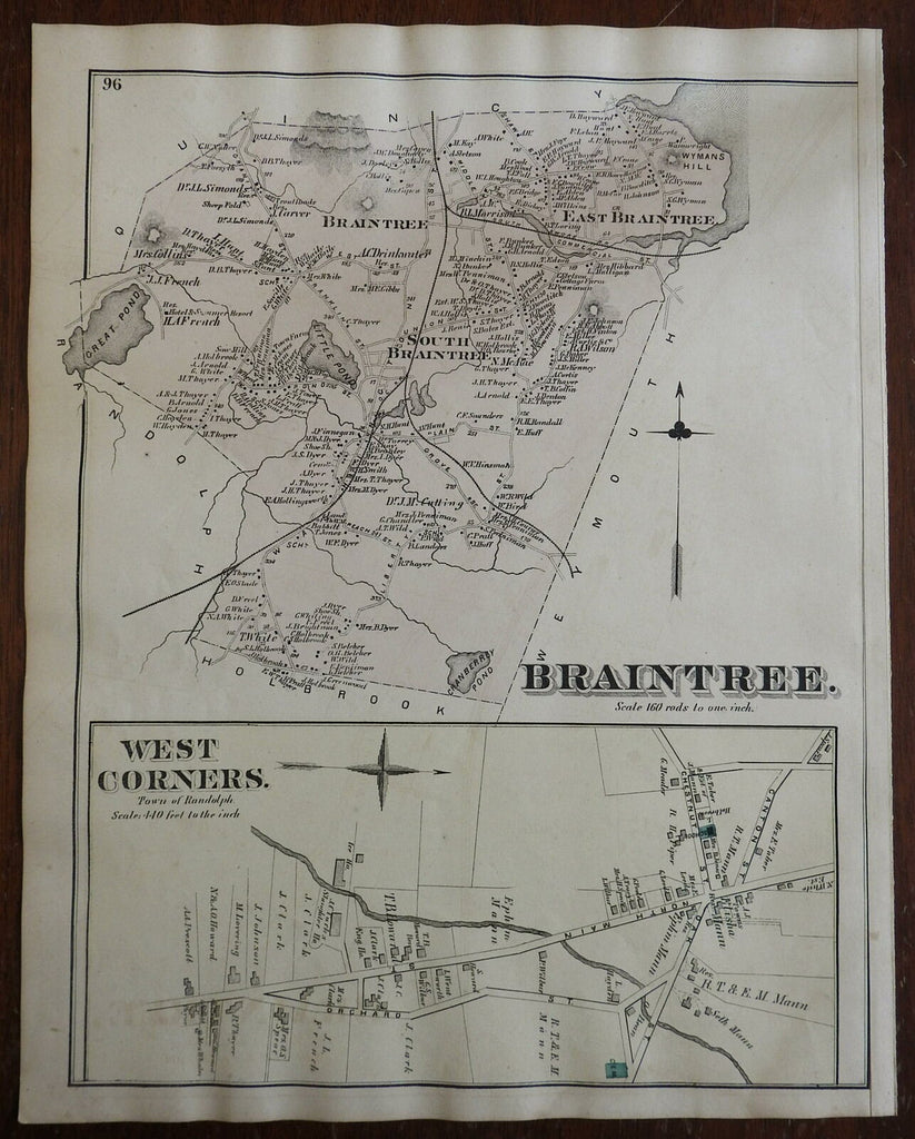 Braintree & West Corners Norfolk County 1876 Mass. detailed home owners name map