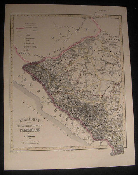 Western Palembang Sumatra Mount Dempo 1860 antique lithograph hand color map