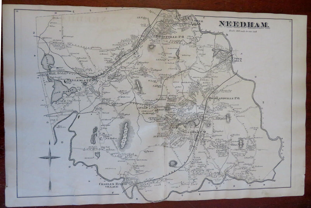 Needham Wellesley Norfolk County Massachusetts 1871 detailed township map