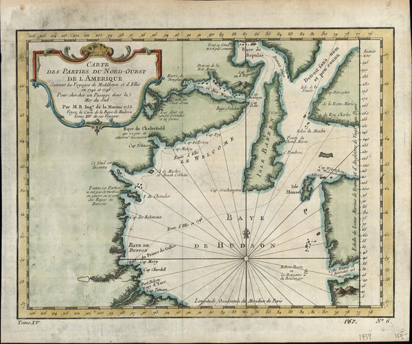 Hudson Bay Ontario Canada c.1746 Bellin antique map Kershaw #456
